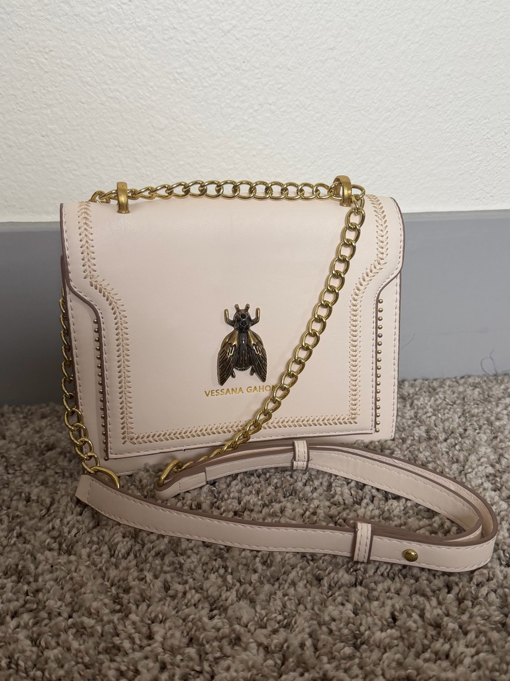 Beige Leather Chain Shoulder and Crossbody Bag